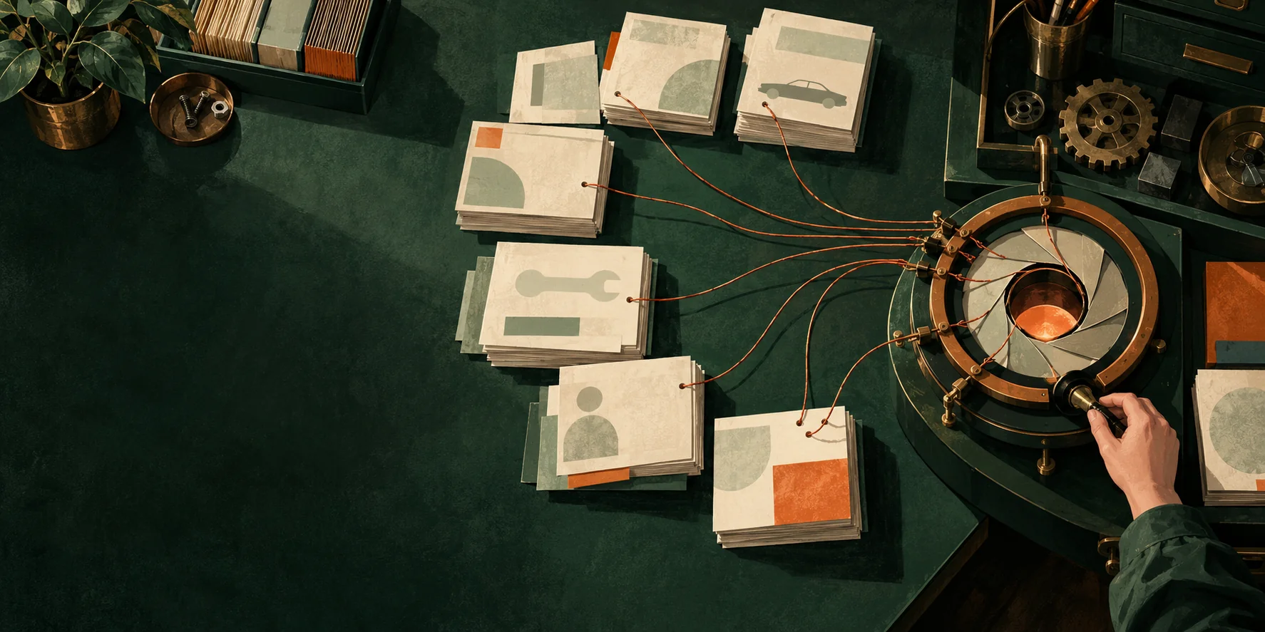 Conceptual archive of blank paper records connected to a careful evaluation aperture