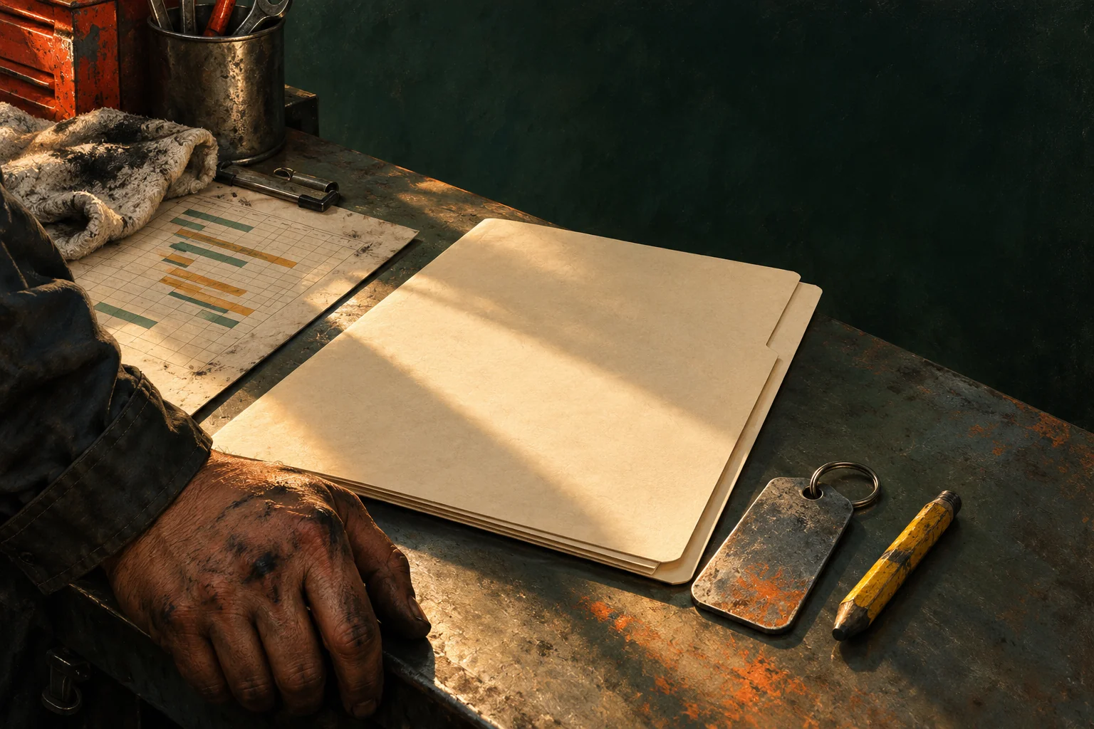 Conceptual still life of an unmarked service folder and workshop tools