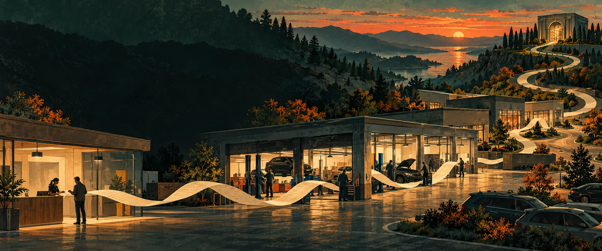 Concept illustration of a paper trail winding through an automotive service center at dusk
